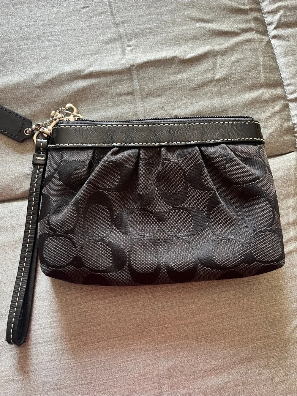 Coach Black Signature Wristlet with Leather Trim